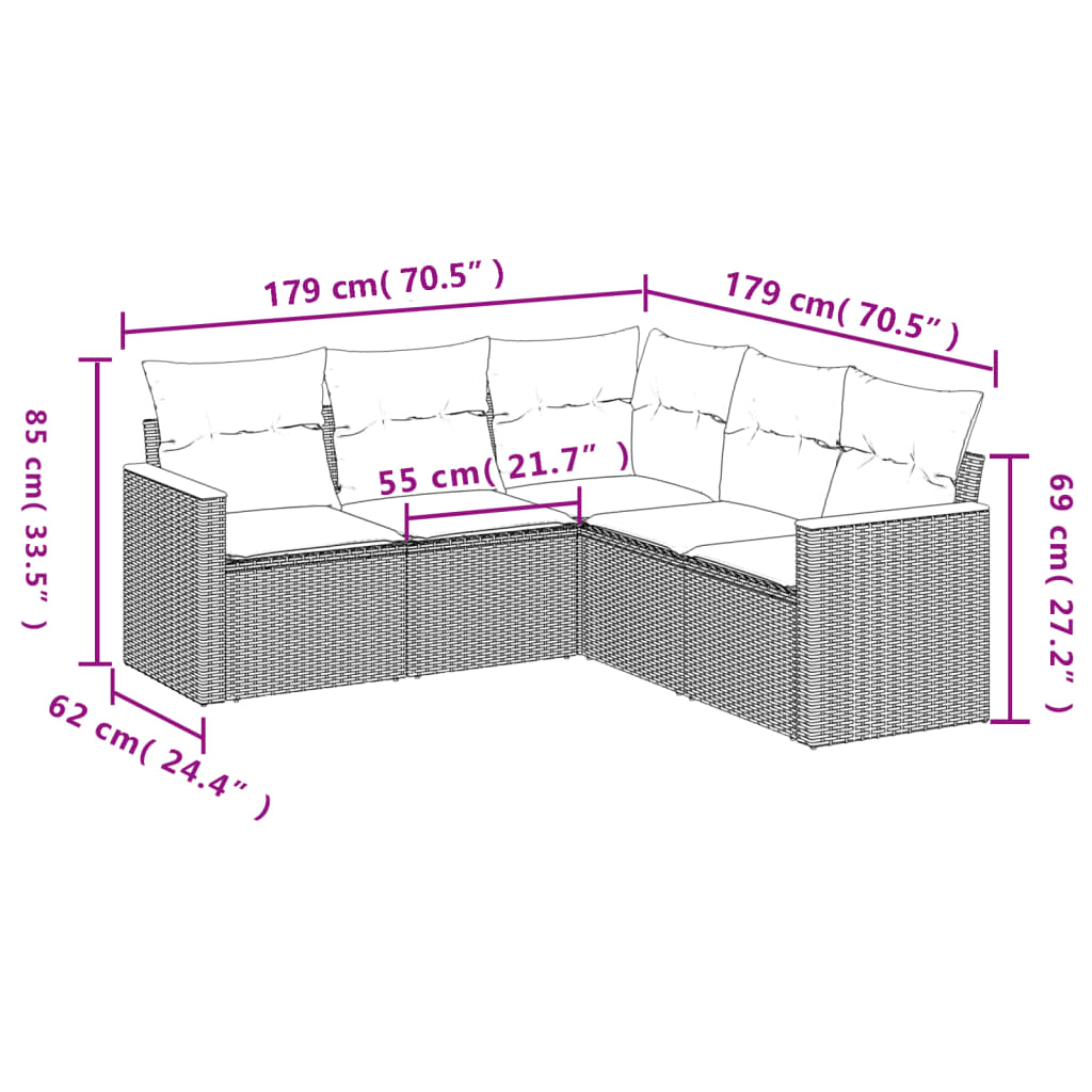 Salon de jardin 5 pcs avec coussins noir résine tressée