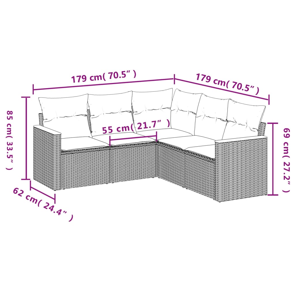 Ensemble de canapé de jardin 5 pcs avec coussins gris résine tressée