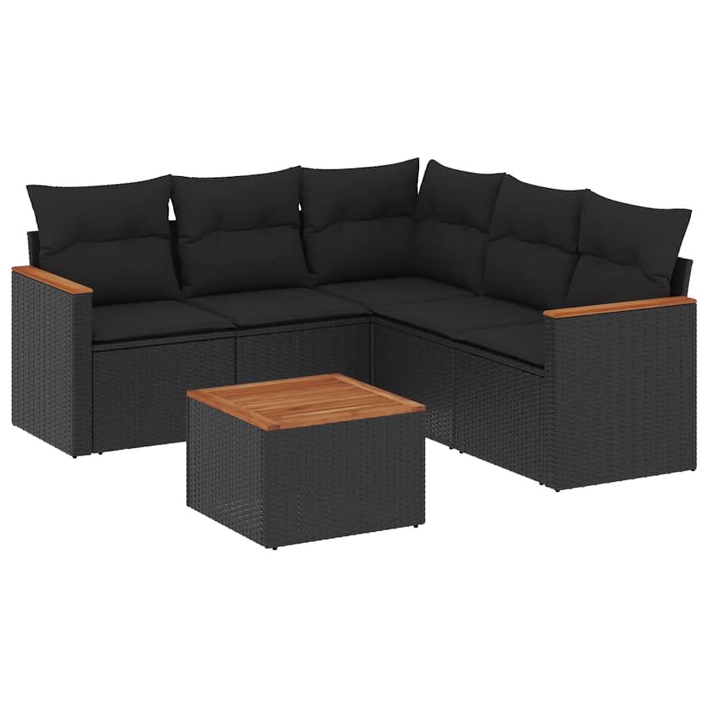 Salon de jardin 6 pcs avec coussins noir résine tressée