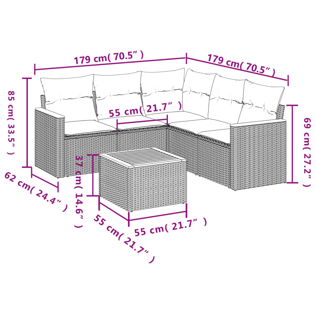 Ensemble de canapé de jardin 6 pcs avec coussins gris résine tressée