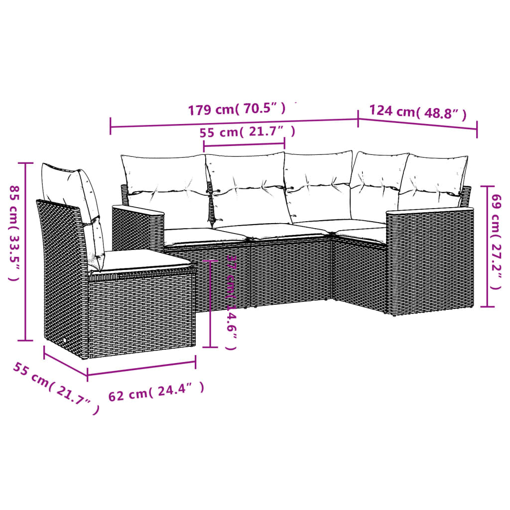 Salon de jardin 5 pcs avec coussins noir résine tressée