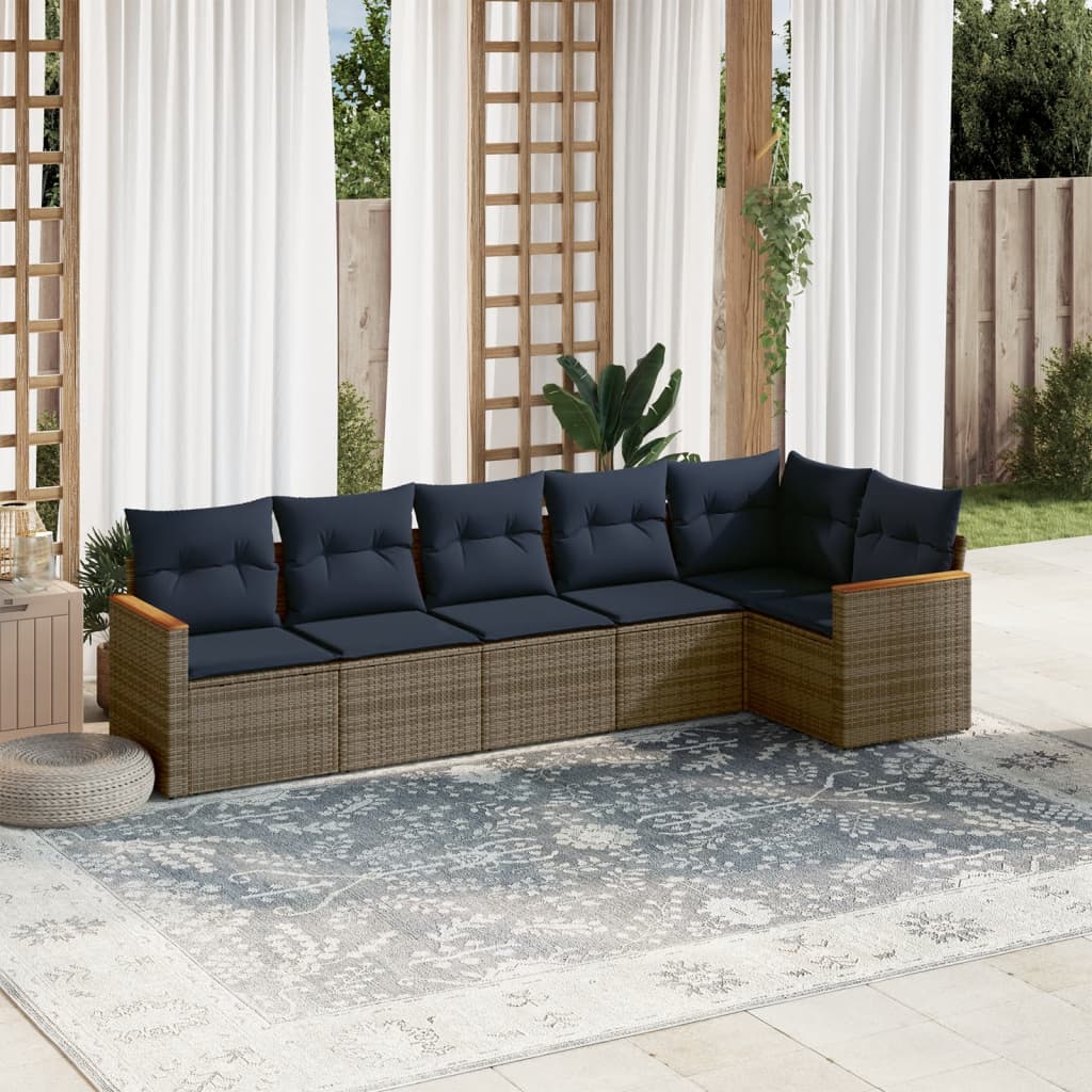 Ensemble de canapé de jardin 6 pcs avec coussins gris résine tressée