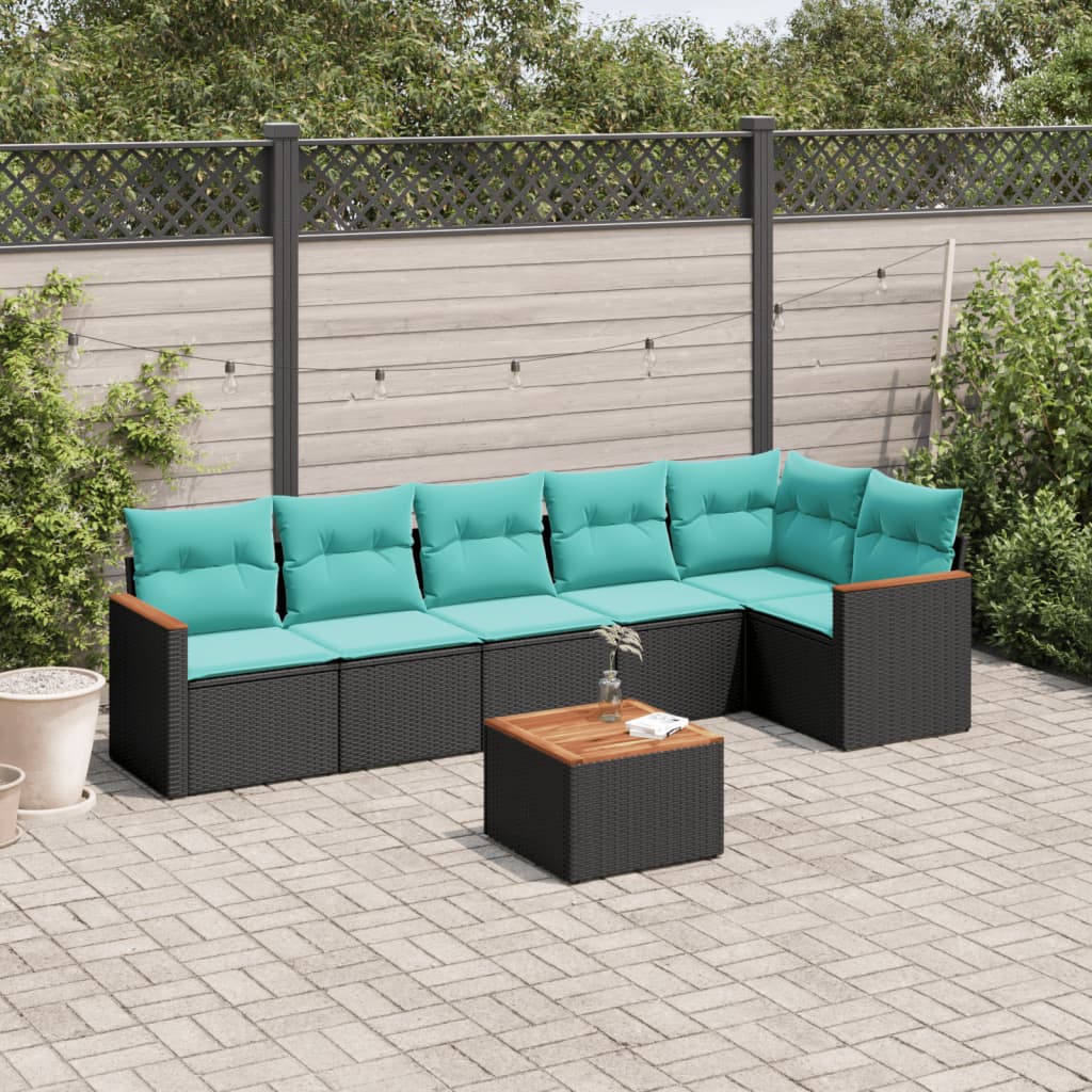 Ensemble de canapé de jardin 7 pcs avec coussins noir résine tressée