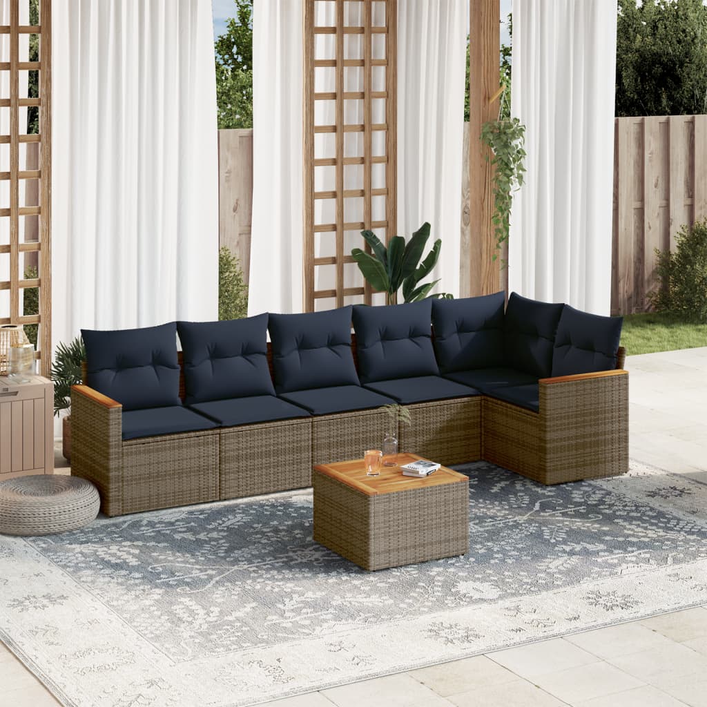 Ensemble de canapé de jardin 7 pcs avec coussins gris résine tressée