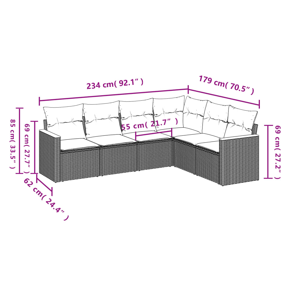 Salon de jardin 6 pcs avec coussins noir résine tressée