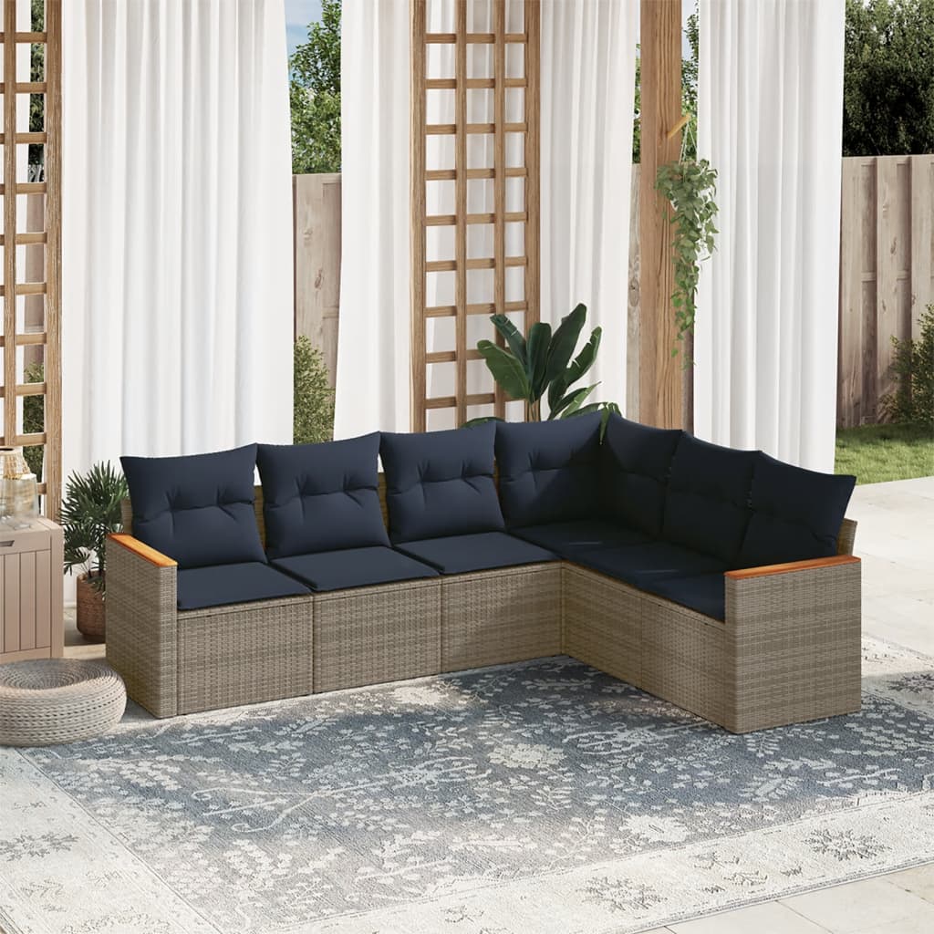 Ensemble de canapé de jardin 6 pcs avec coussins gris résine tressée
