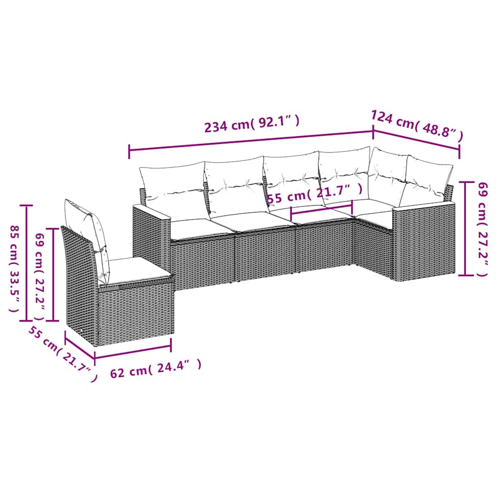 Salon de jardin 6 pcs avec coussins noir résine tressée