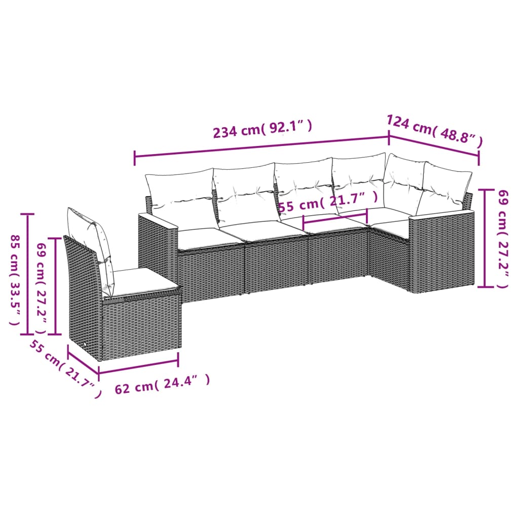 Salon de jardin 6 pcs avec coussins noir résine tressée