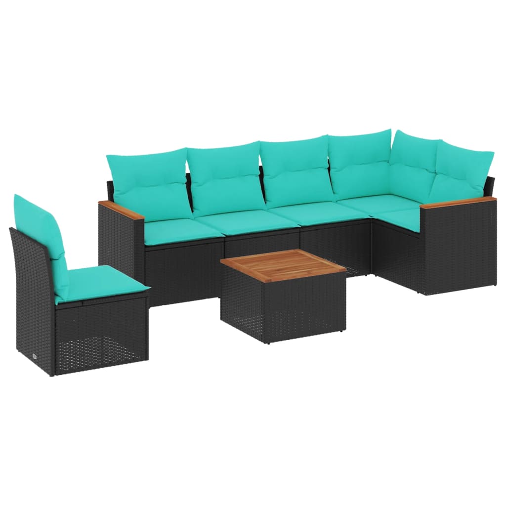 Ensemble de canapé de jardin 7 pcs avec coussins noir résine tressée