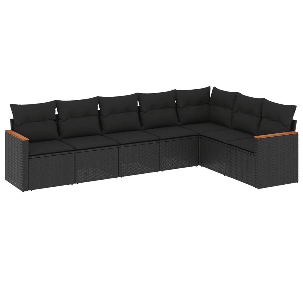 Salon de jardin 7 pcs avec coussins noir résine tressée
