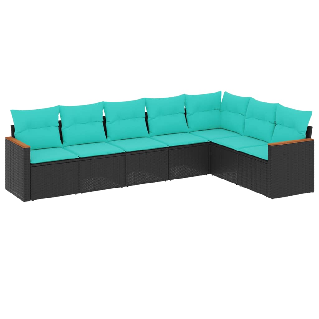 Salon de jardin 7 pcs avec coussins noir résine tressée