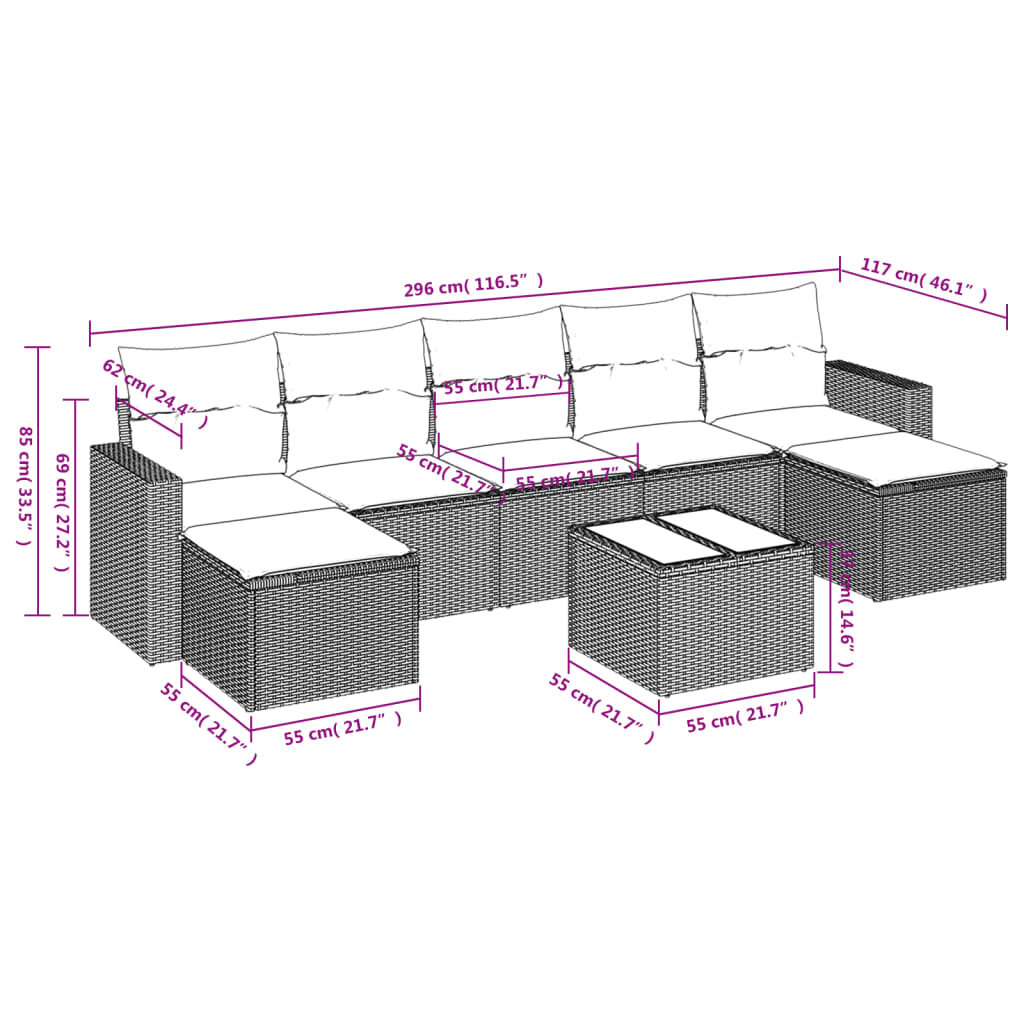 Salon de jardin 8 pcs avec coussins gris résine tressée Éléments pour canapés modulables de jardin vidaXL