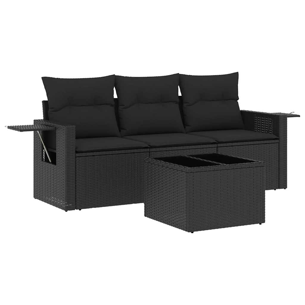 Salon de jardin 4 pcs avec coussins noir résine tressée