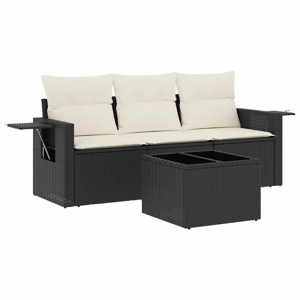 Salon de jardin 4 pcs avec coussins noir résine tressée