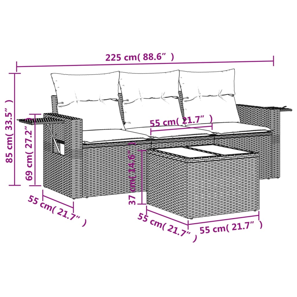 Salon de jardin avec coussins 4 pcs beige résine tressée