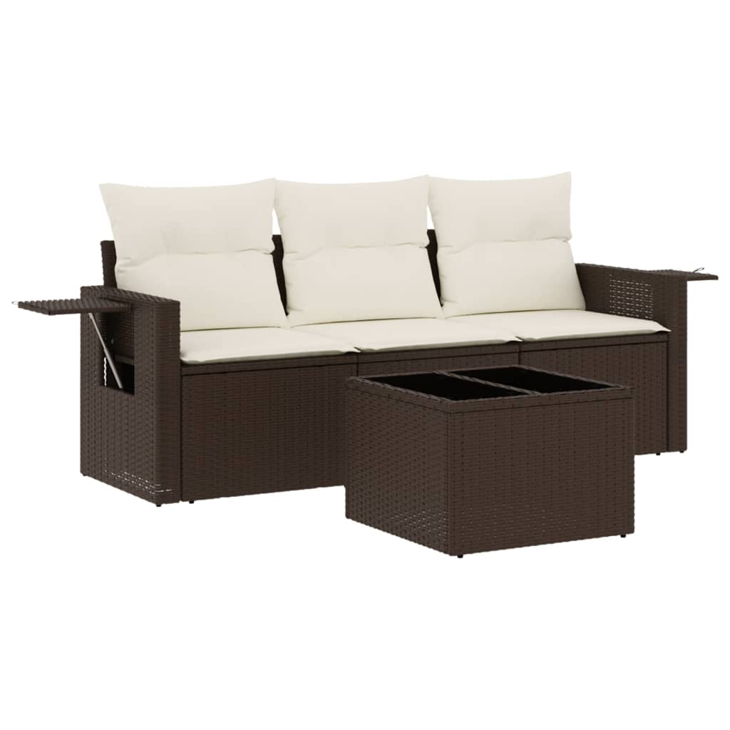 Salon de jardin 4 pcs avec coussins marron résine tressée