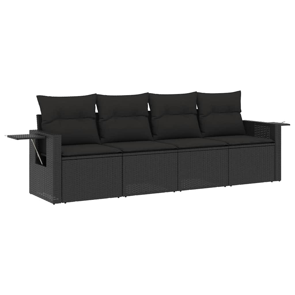 Salon de jardin 4 pcs avec coussins noir résine tressée