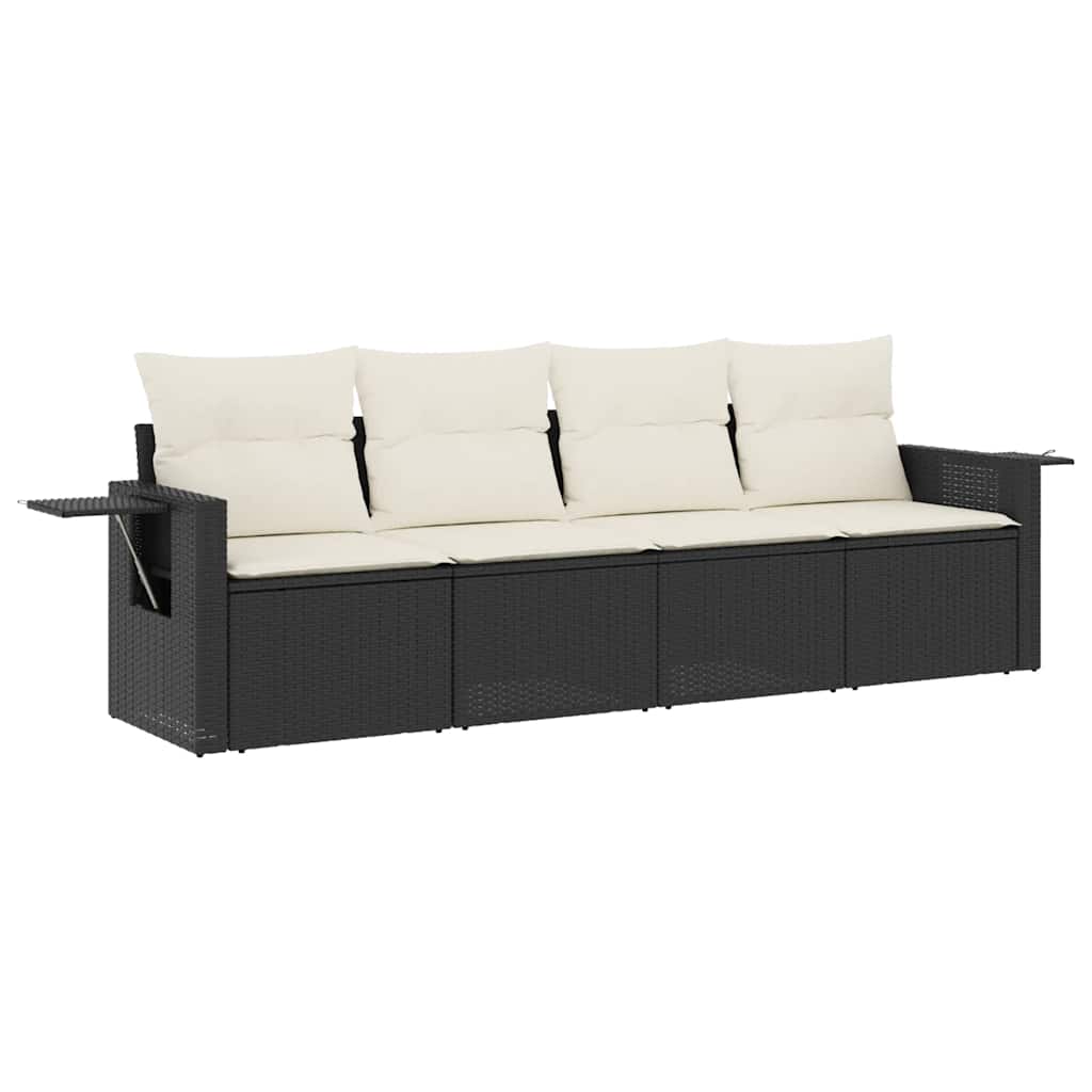 Salon de jardin 4 pcs avec coussins noir résine tressée