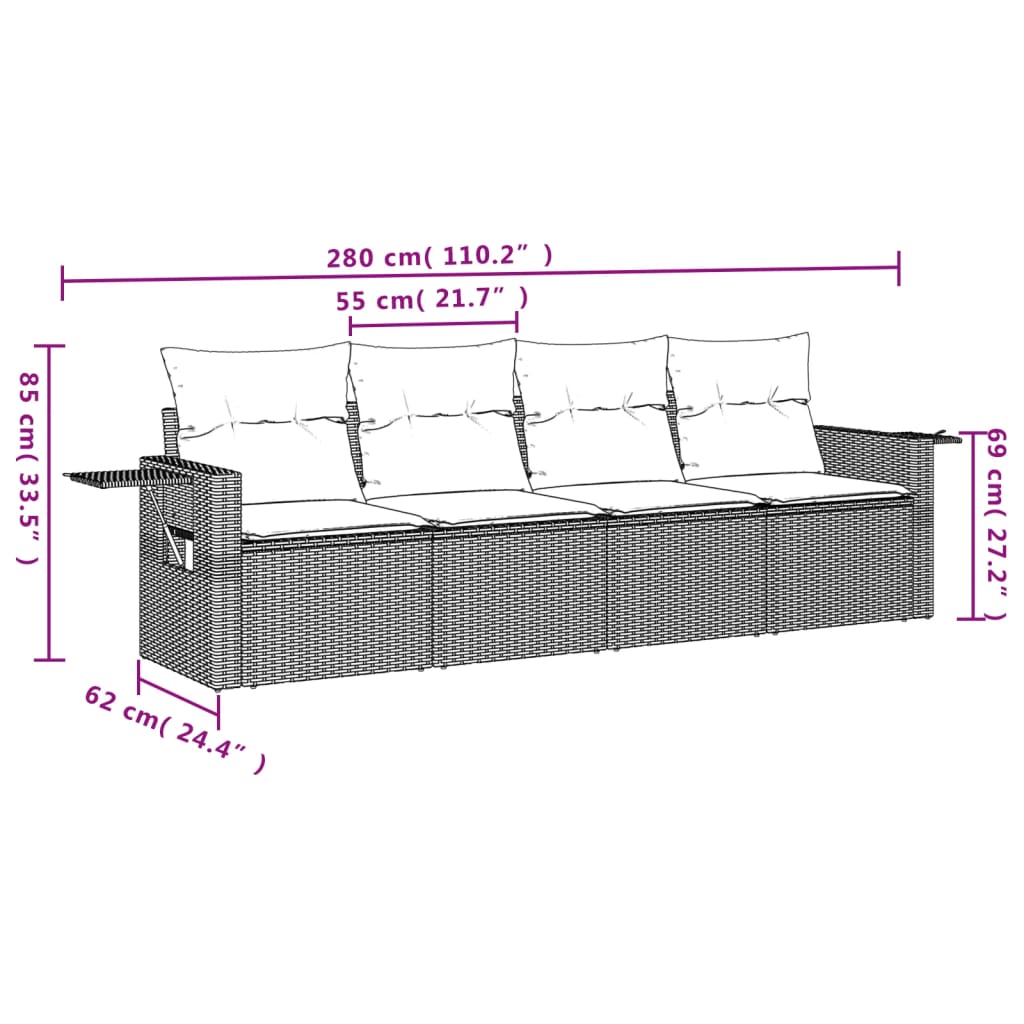 Salon de jardin 4 pcs avec coussins gris résine tressée