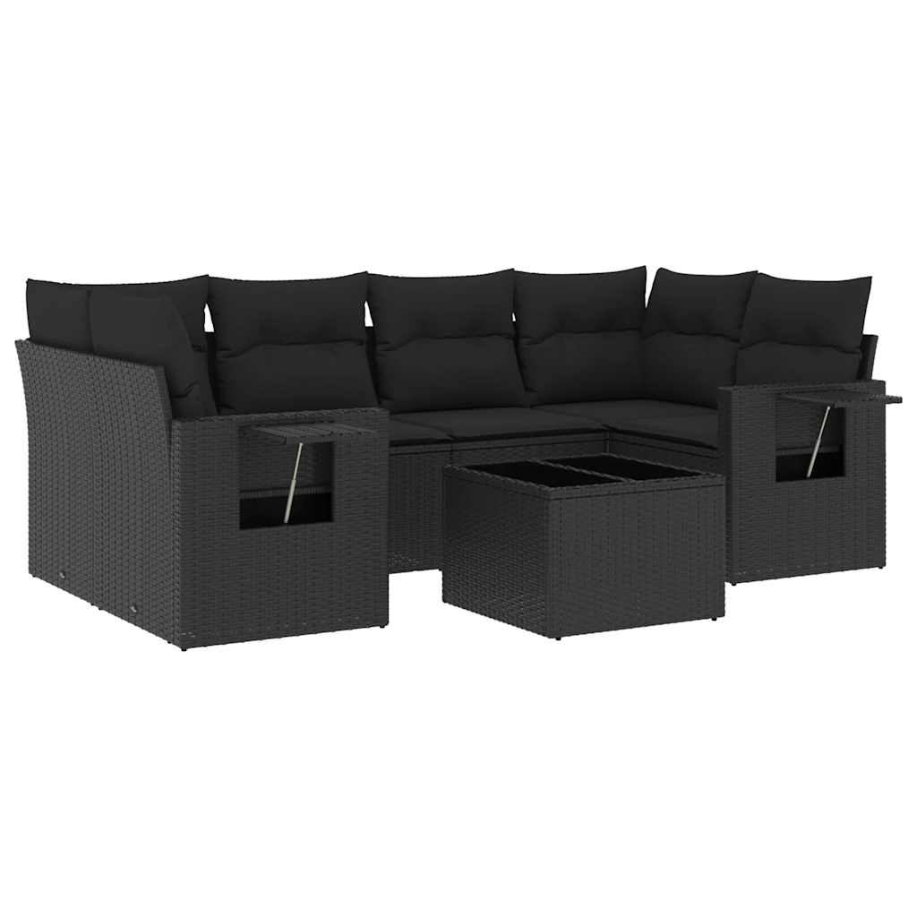 Salon de jardin 7 pcs avec coussins noir résine tressée