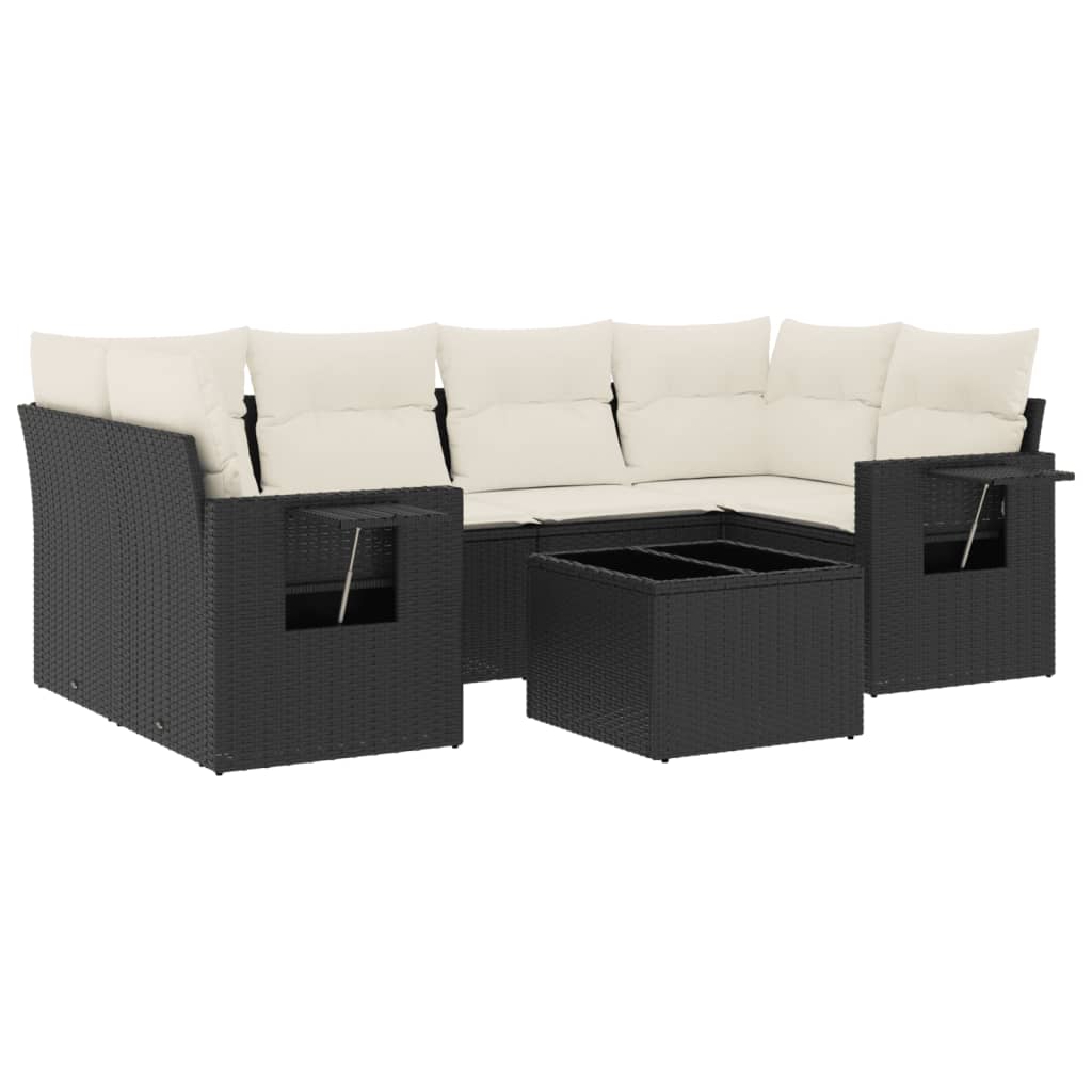 Salon de jardin 7 pcs avec coussins noir résine tressée