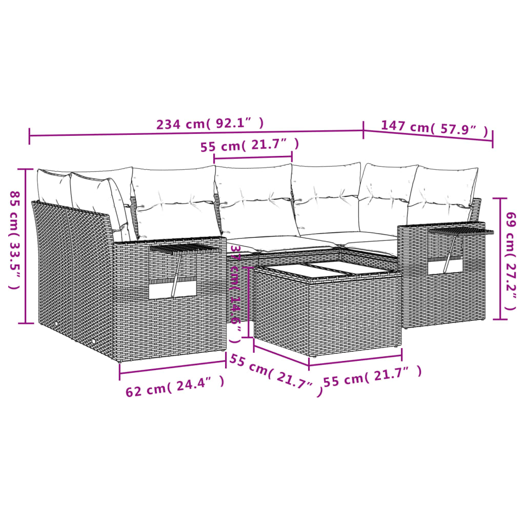 Salon de jardin avec coussins 7 pcs marron résine tressée
