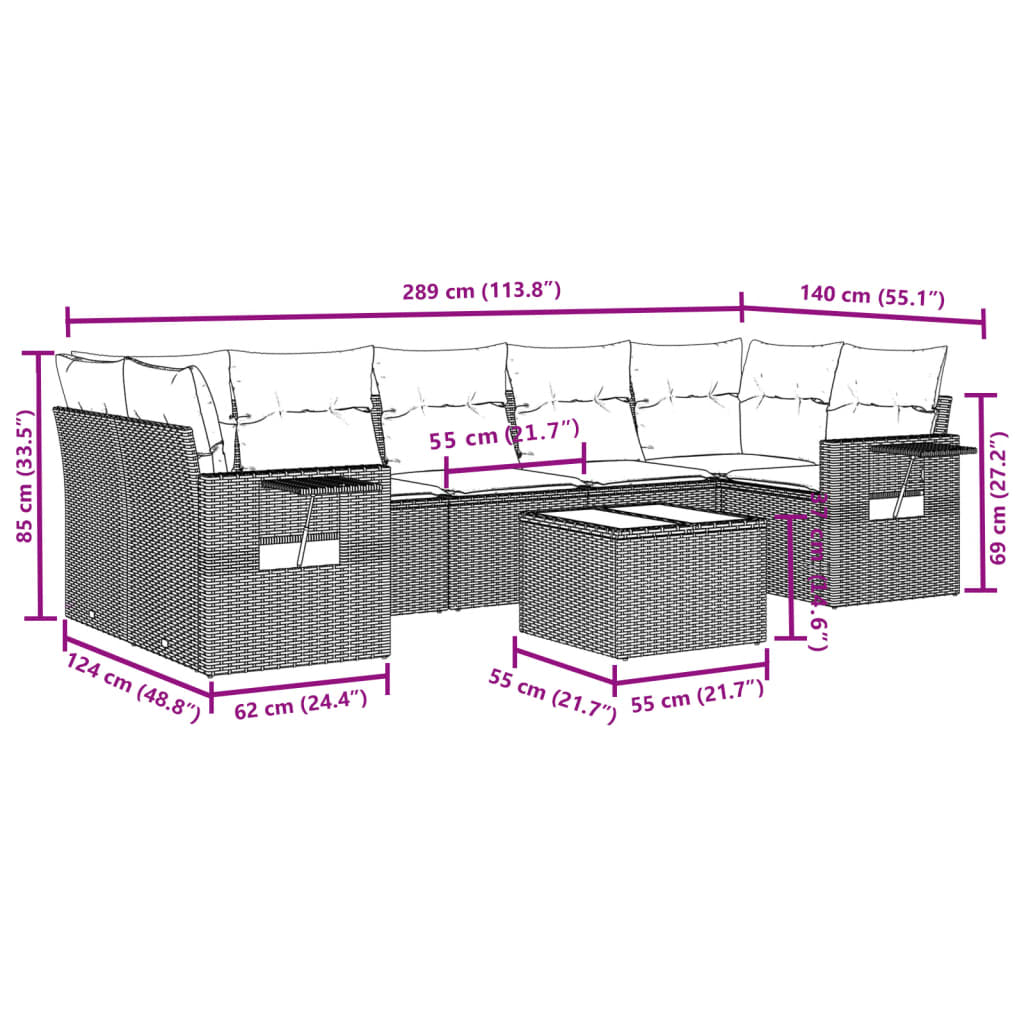 Salon de jardin 8 pcs avec coussins gris résine tressée