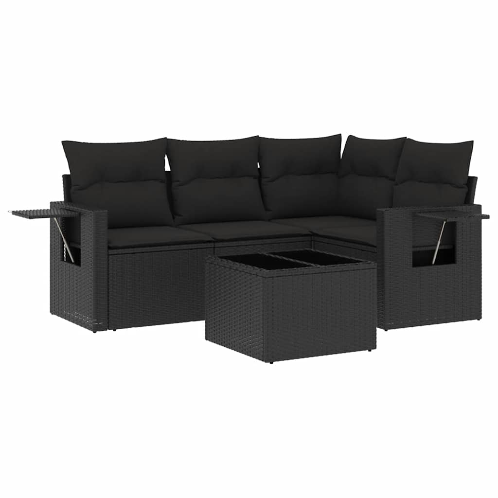 Salon de jardin 5 pcs avec coussins noir résine tressée