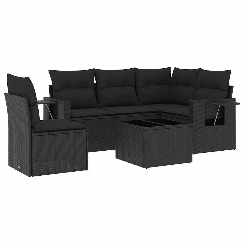 Salon de jardin 6 pcs avec coussins noir résine tressée