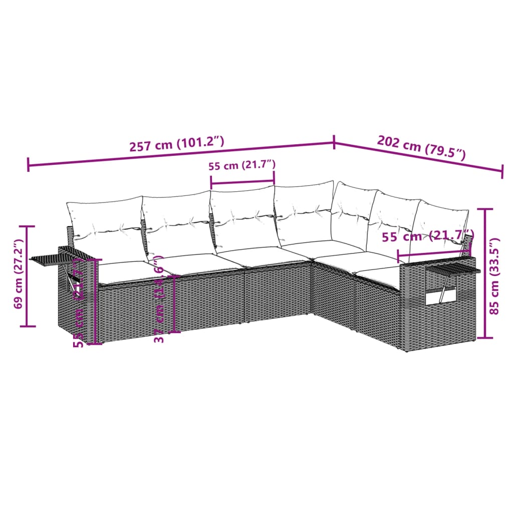 Salon de jardin 6 pcs avec coussins noir résine tressée