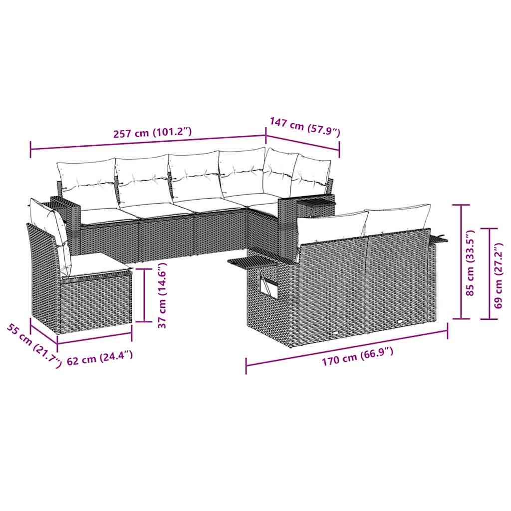 Salon de jardin 8 pcs avec coussins marron résine tressée