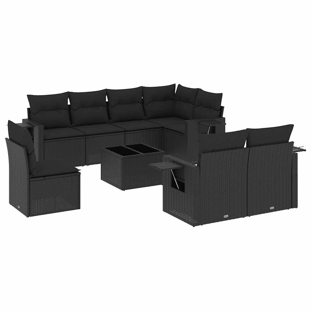 Salon de jardin 9 pcs avec coussins noir résine tressée