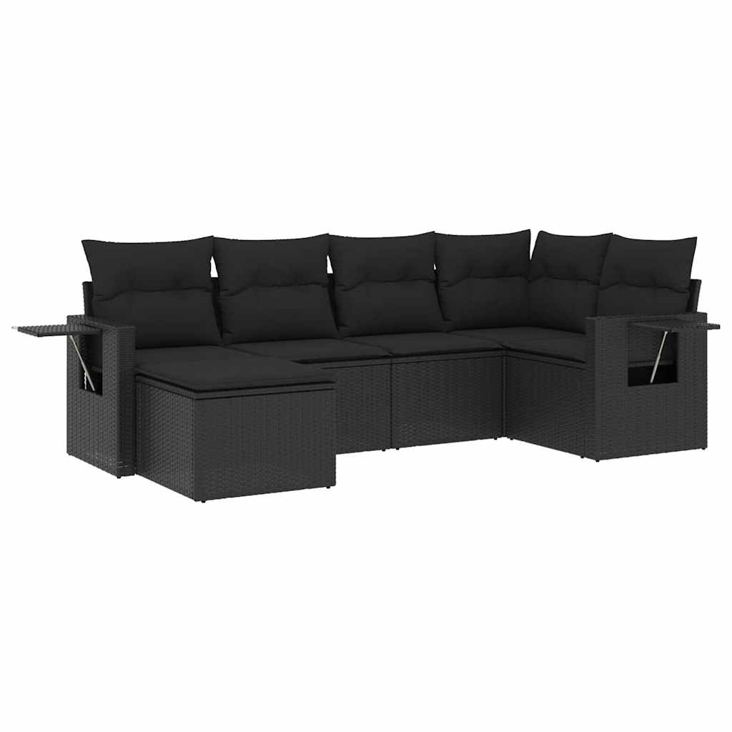Salon de jardin 6 pcs avec coussins noir résine tressée