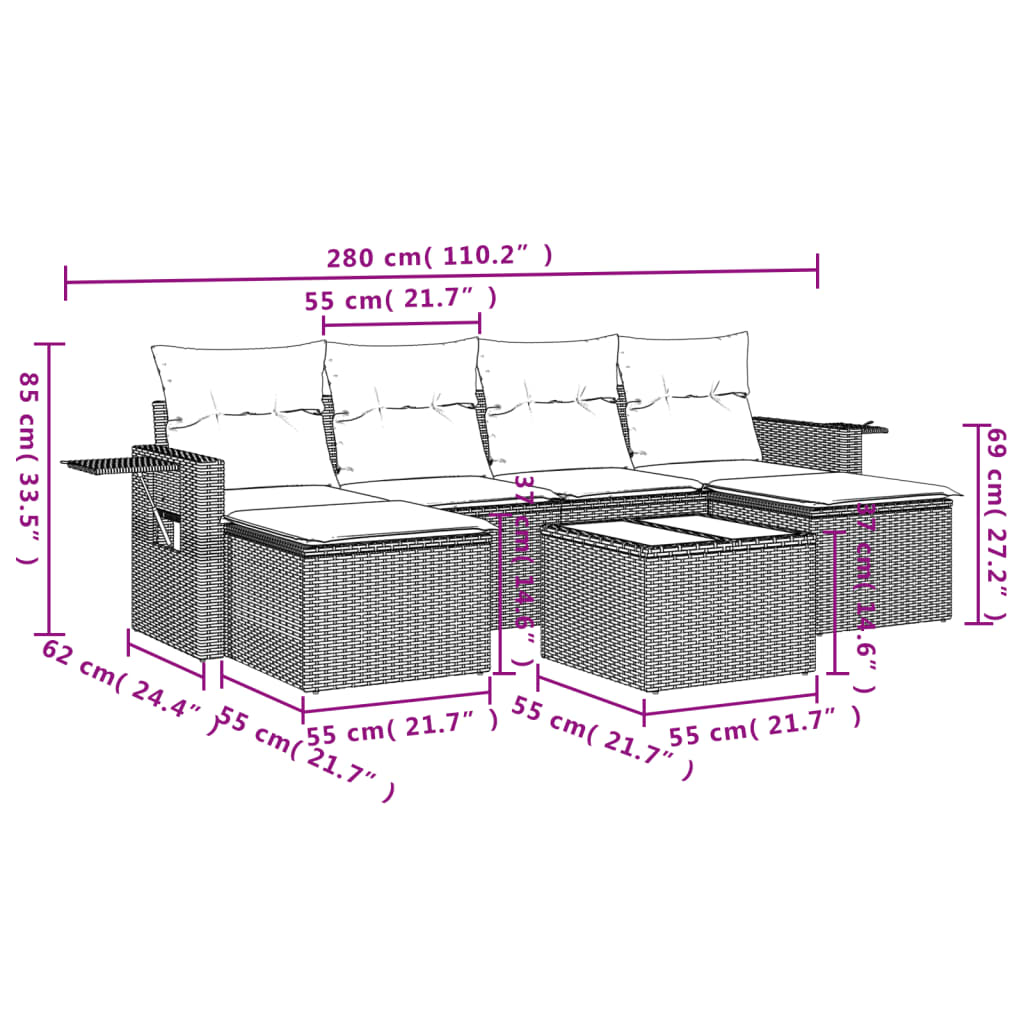 Salon de jardin avec coussins 7 pcs gris résine tressée