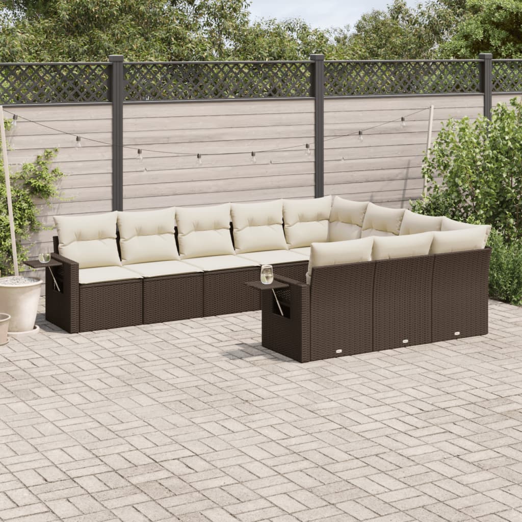 Salon de jardin 10 pcs avec coussins marron résine tressée