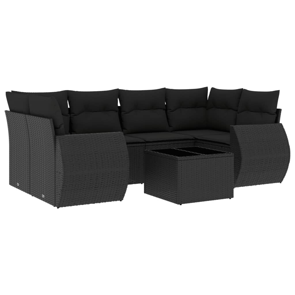 Salon de jardin 7 pcs avec coussins noir résine tressée