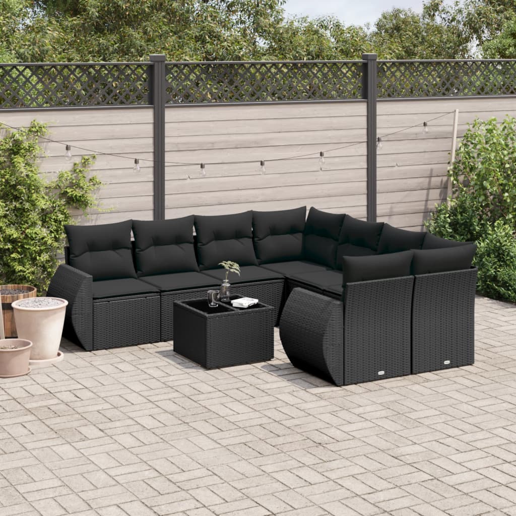 Salon de jardin 9 pcs avec coussins noir résine tressée