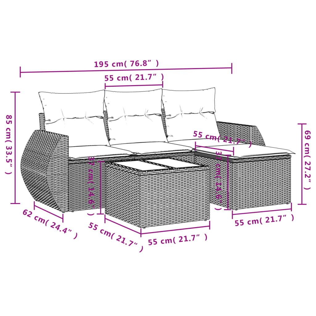 Salon de jardin avec coussins 5 pcs marron résine tressée