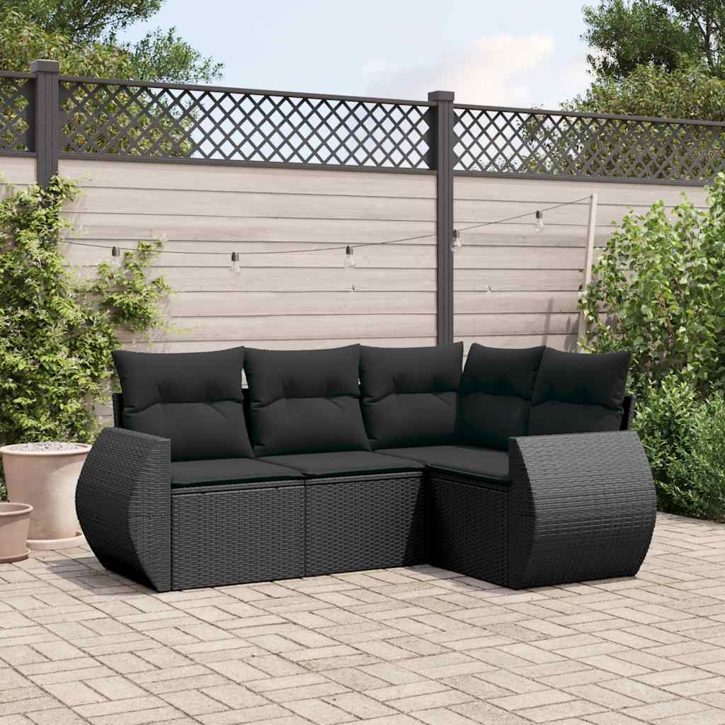 Salon de jardin 4 pcs avec coussins noir résine tressée