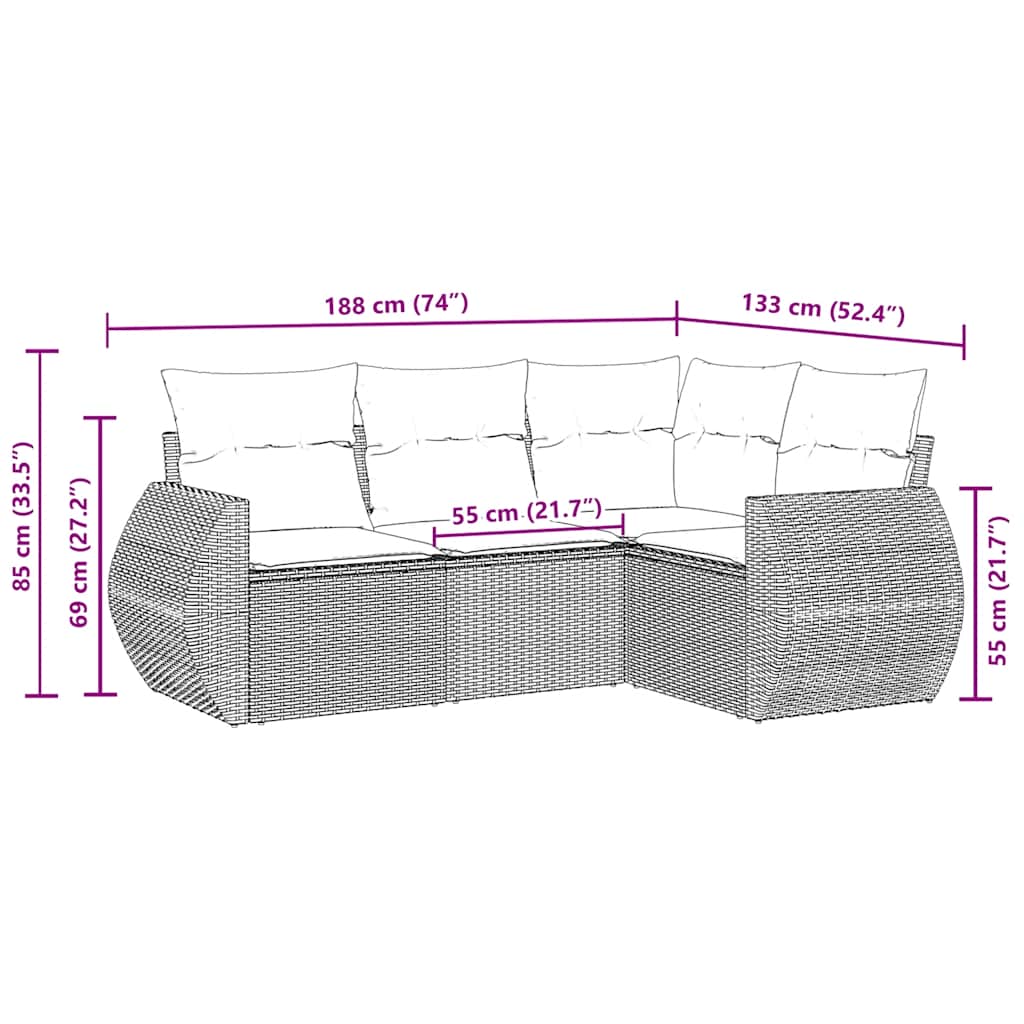 Salon de jardin 4 pcs avec coussins noir résine tressée