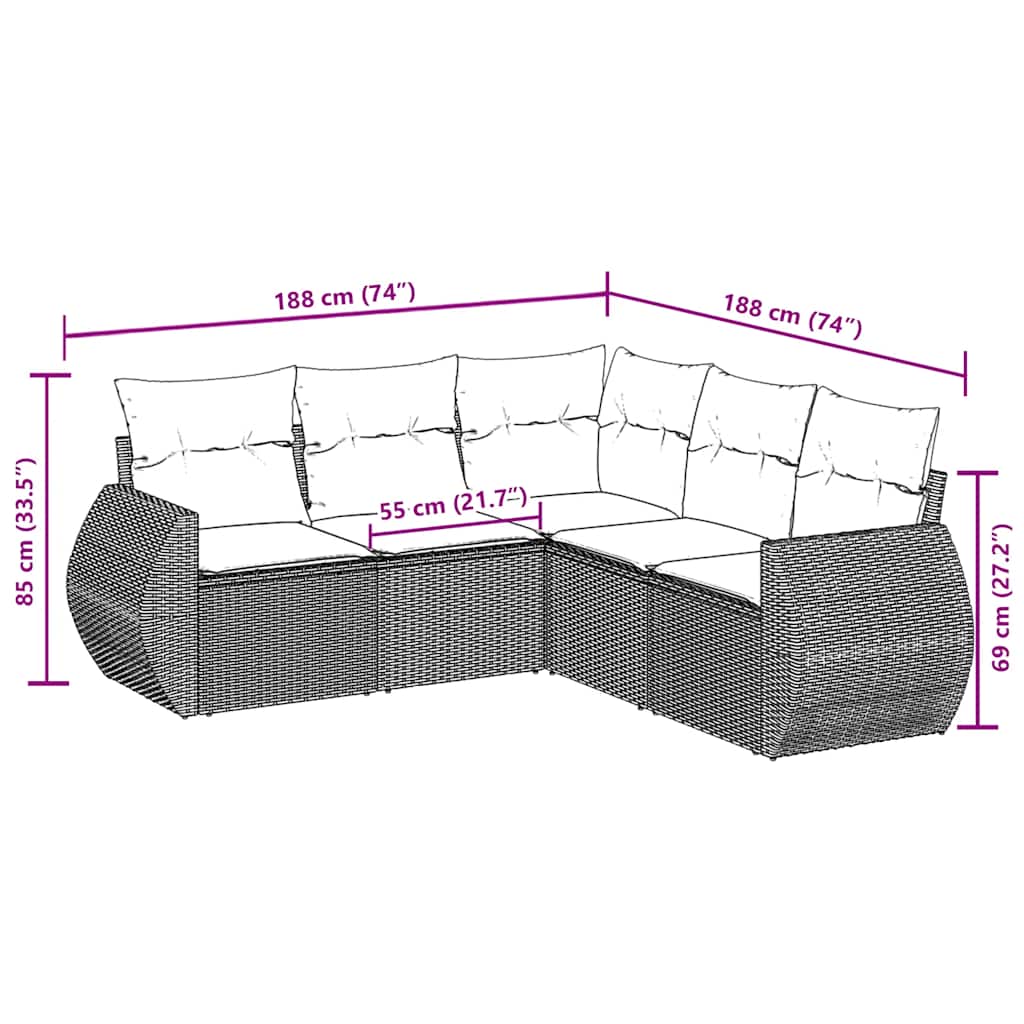 Salon de jardin 5 pcs avec coussins noir résine tressée