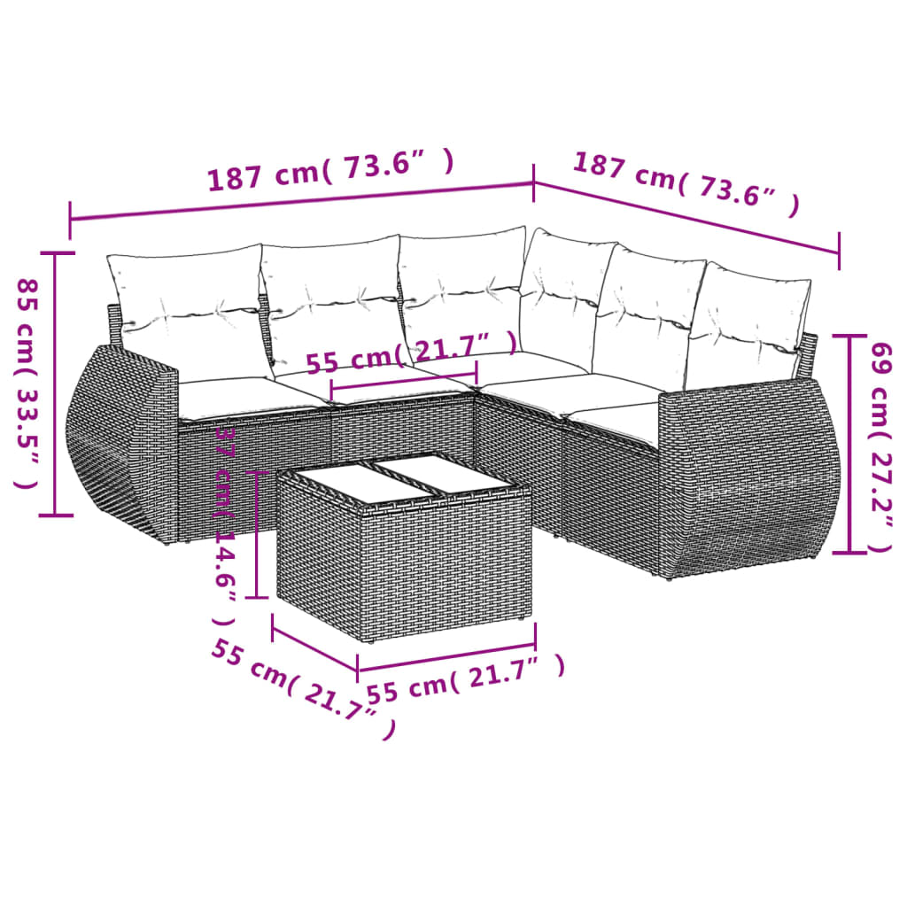 Salon de jardin 6 pcs avec coussins gris clair résine tressée