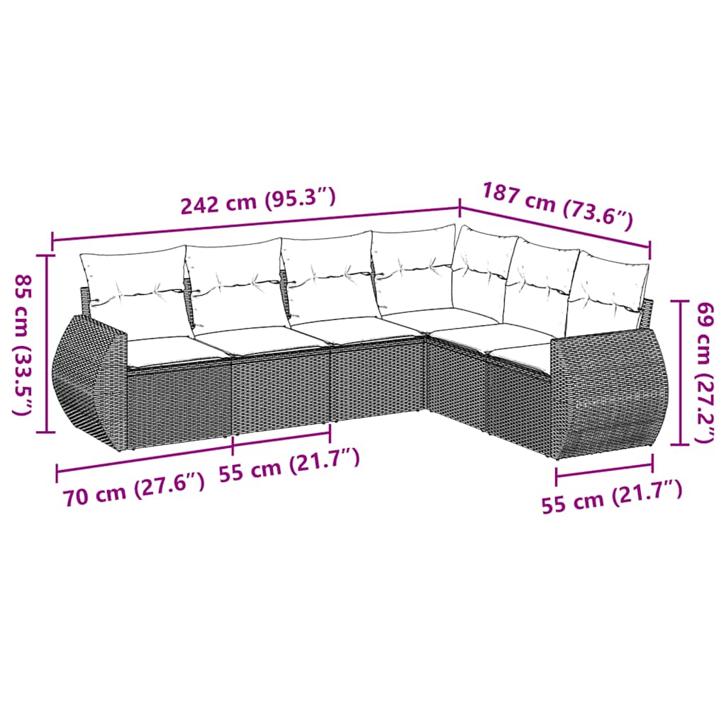 Salon de jardin 6 pcs avec coussins noir résine tressée