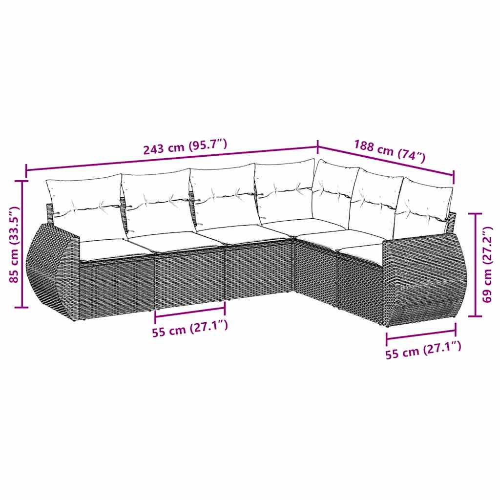 Salon de jardin 6 pcs avec coussins noir résine tressée