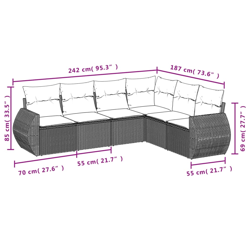 Salon de jardin avec coussins 6 pcs marron résine tressée