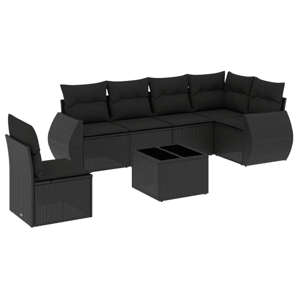 Salon de jardin 7 pcs avec coussins noir résine tressée