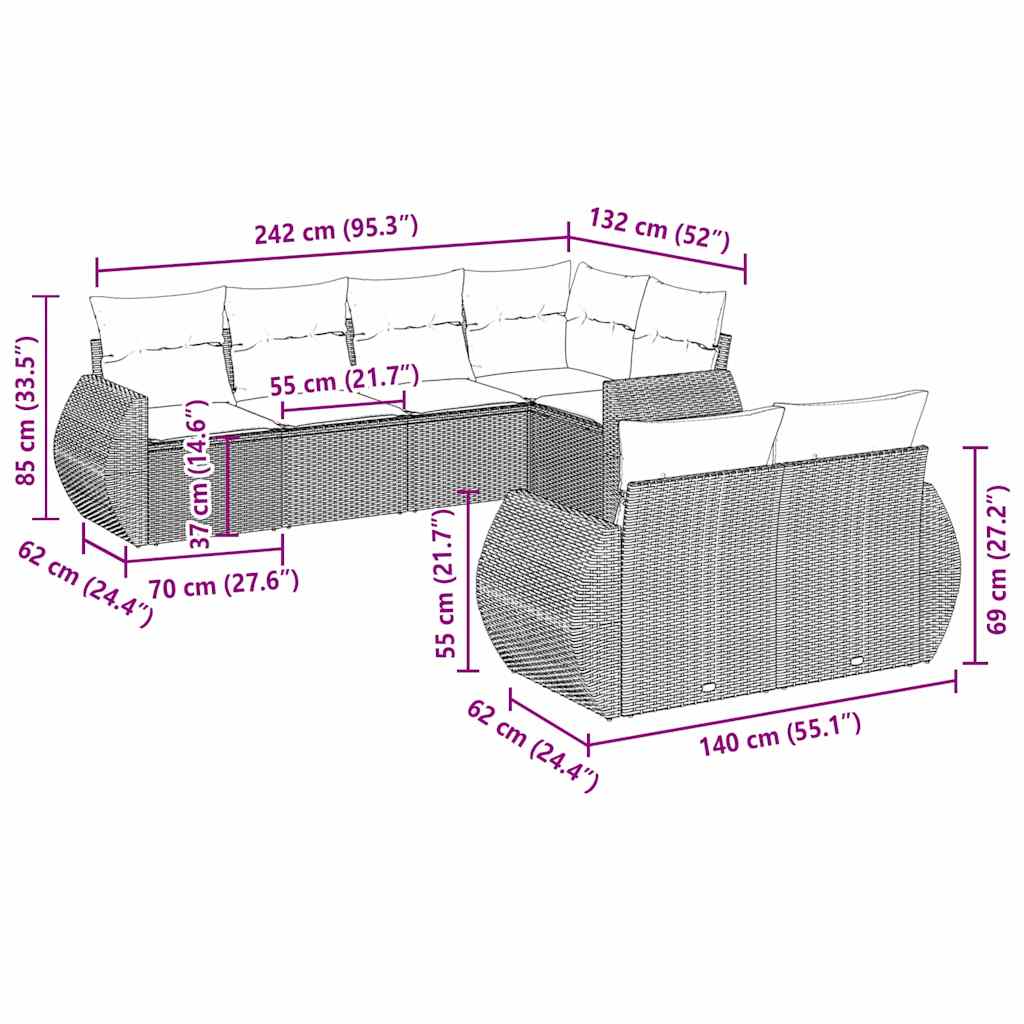 Salon de jardin avec coussins 7 pcs gris clair résine tressée