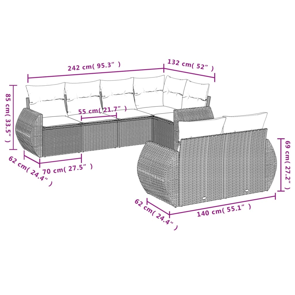 Salon de jardin avec coussins 7 pcs marron résine tressée