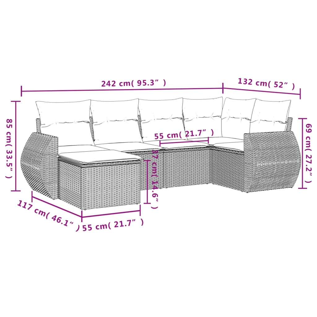 Salon de jardin 6 pcs avec coussins noir résine tressée