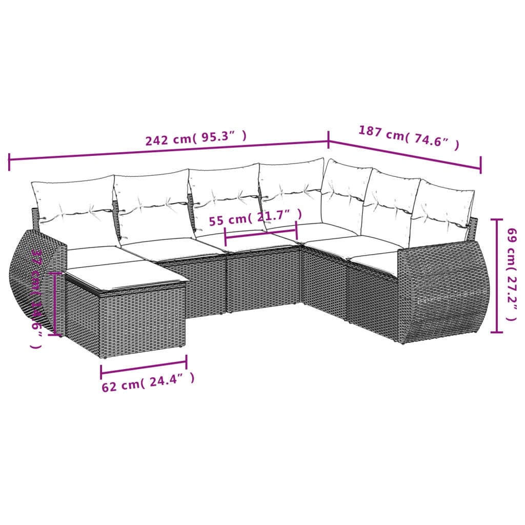 Salon de jardin avec coussins 7 pcs gris résine tressée
